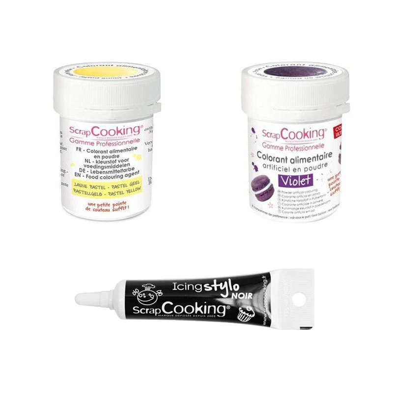2 colorants alimentaires violet-jaune pastel + Stylo glaçage noir Scra