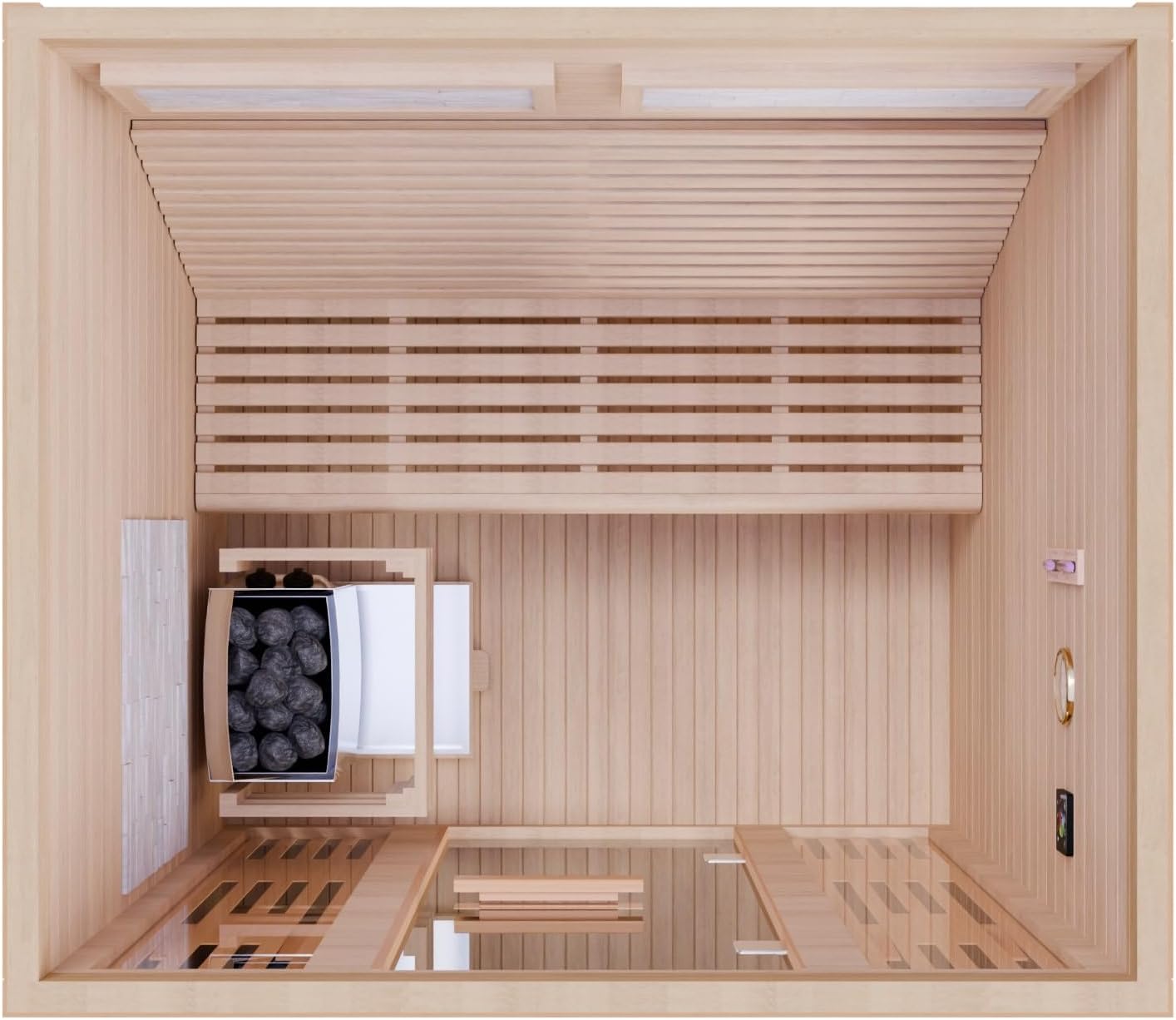 Dewello® Finnische Sauna Minto 150x130 Kabine aus Hemlock Tannenholz mit 4,5KW HARVIA Ofen 2-3 Personen inkl. Sauna Zubehör