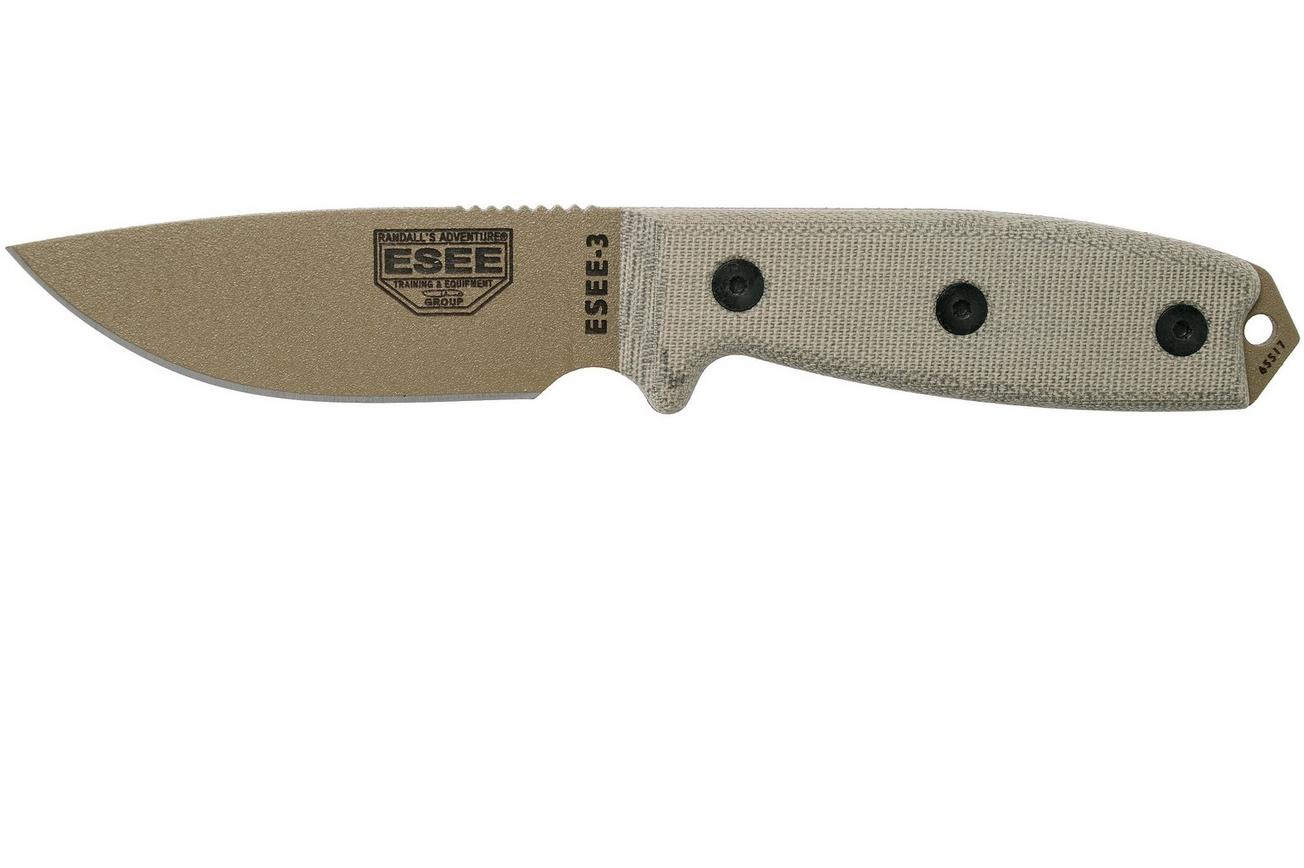 ESEE Model 3 dark earth blade, grey handle 3P-MB-DE met schede   clip en MOLLE-back
