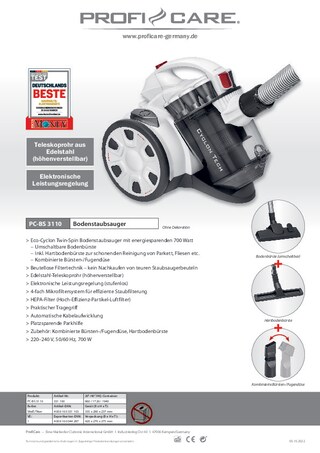 ProfiCare Bodenstaubsauger PC-BS 3110 700 Watt weiß