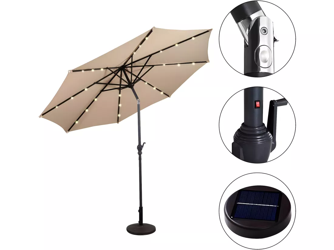 parasol de jardin inclinable 3m avec éclairage 24 led lampe solaire - beige-base non-incluse