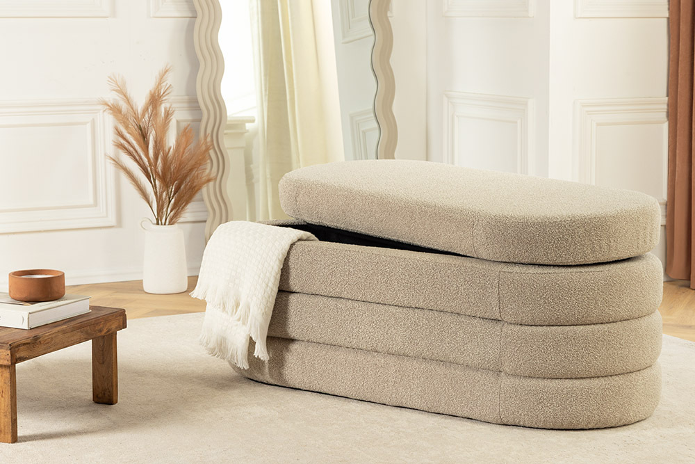 Extravagante Polsterbank VOGUE 115cm taupe Bouclé Sitzbank mit Stauraum