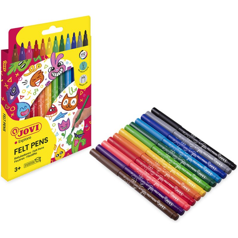 Feutre coloriage jovi lavable capuchon sécurité ventilé pointe solide 3mm 2 formats fine/maxi pochette 12 unités