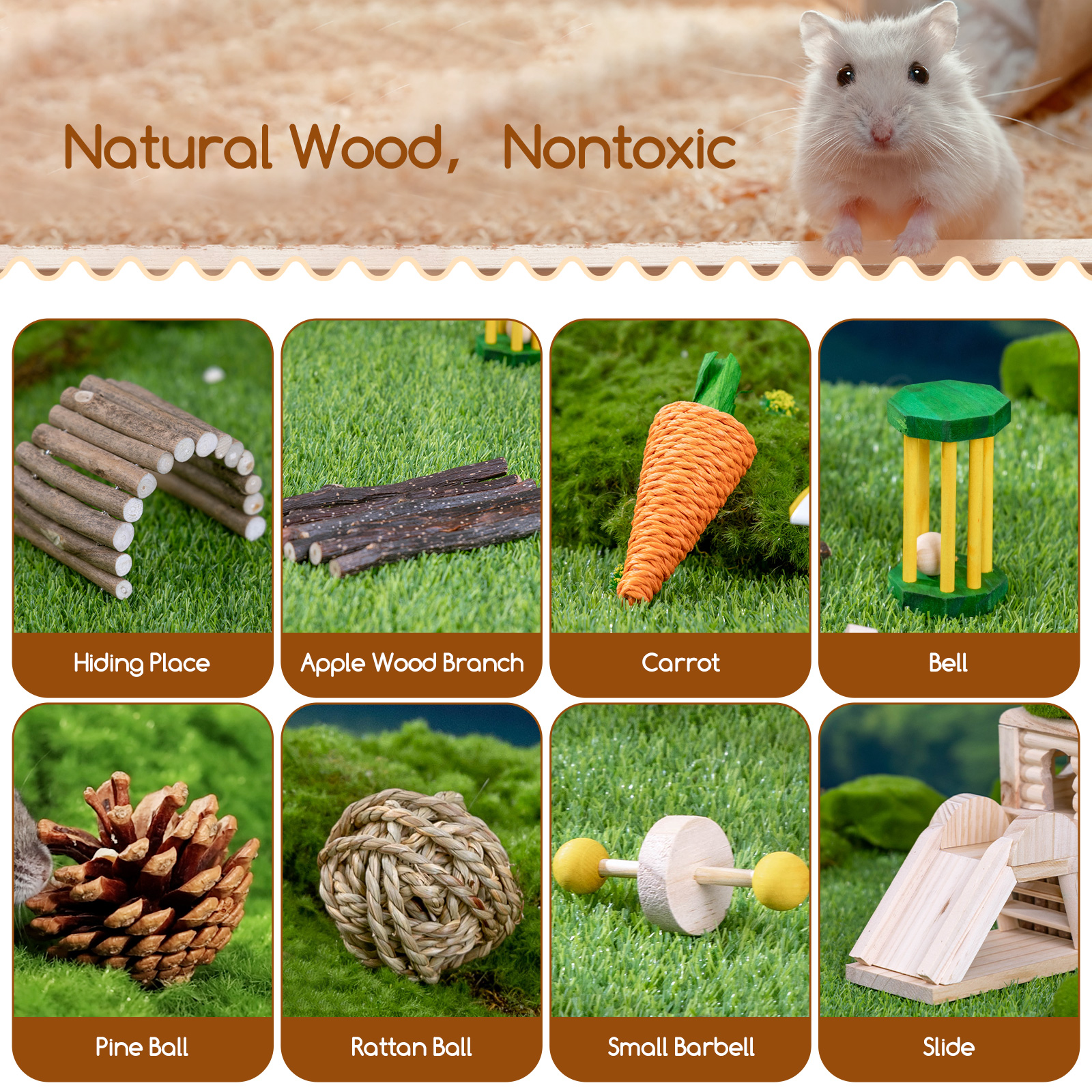Nobleza Conjunto de 8 Brinquedos para Hamster, Brinquedos de Madeira para Roer, Brinquedos para Arremessar e Jogar para Coelhos, Chinchilas, Hamsters e Porquinhos-da-Índia