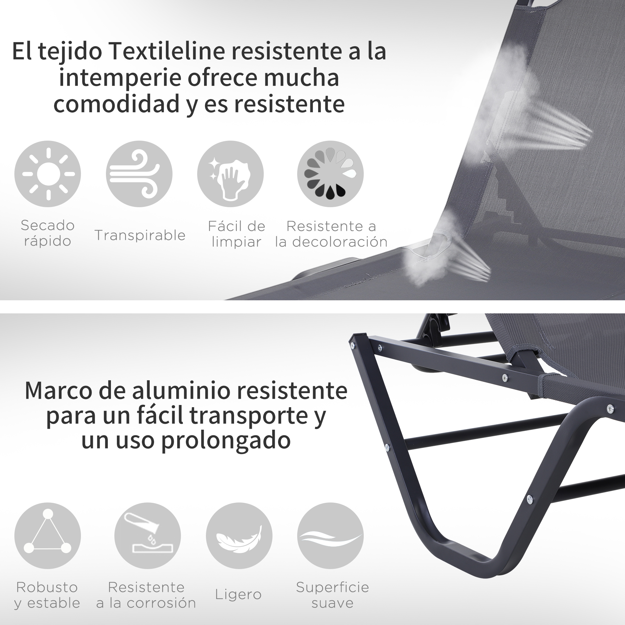 Conjunto de 2 espreguiçadeiras reclináveis de alumínio Outsunny, espreguiçadeiras de jardim com encosto ajustável em 4 posições, capacidade de carga de 120 kg, para terraço, piscina e praia, 163 x 58,5 x 91 cm, cinza