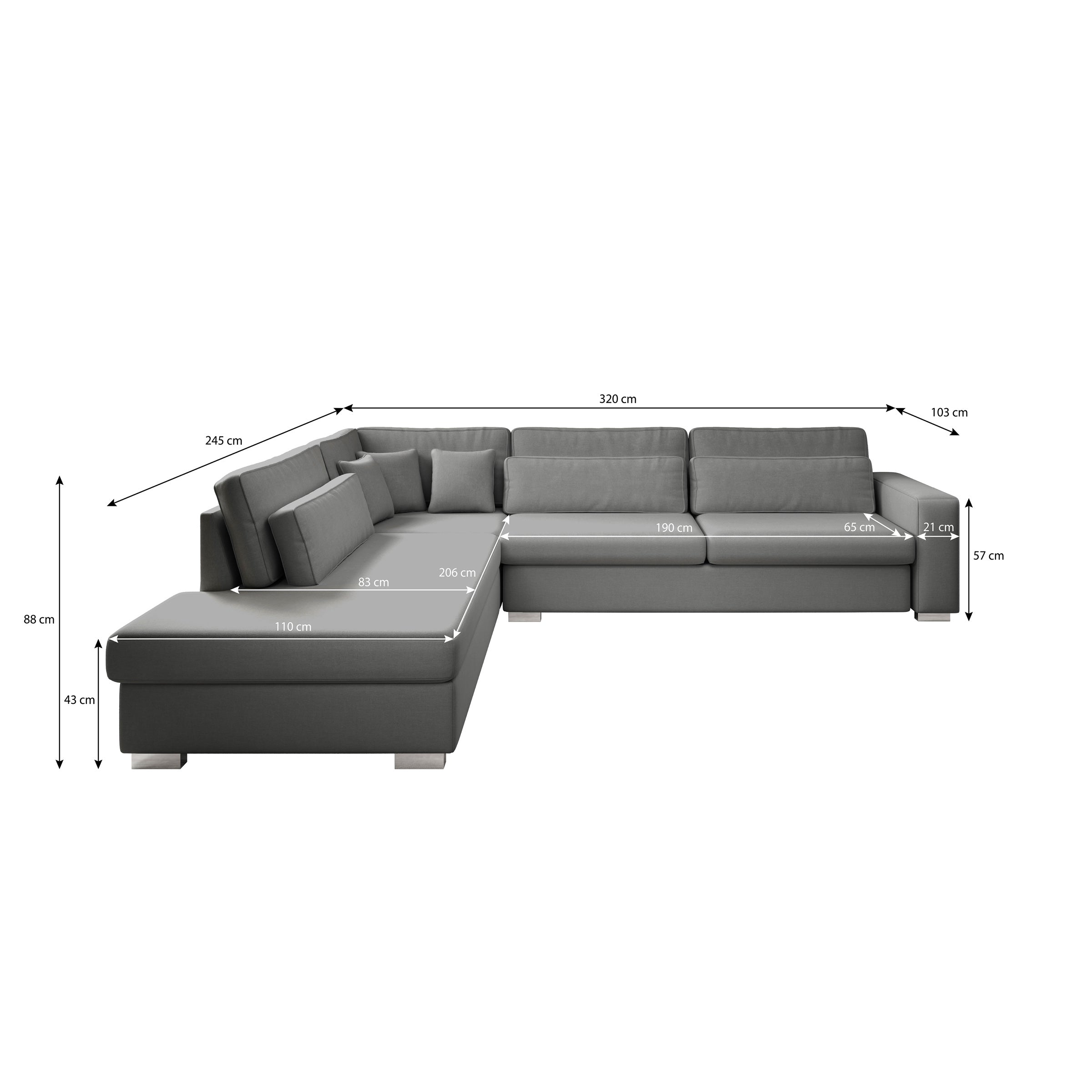 Kristina - Hoekbank 5-zits - Grijs velvet - Links - 320x245x88 cm