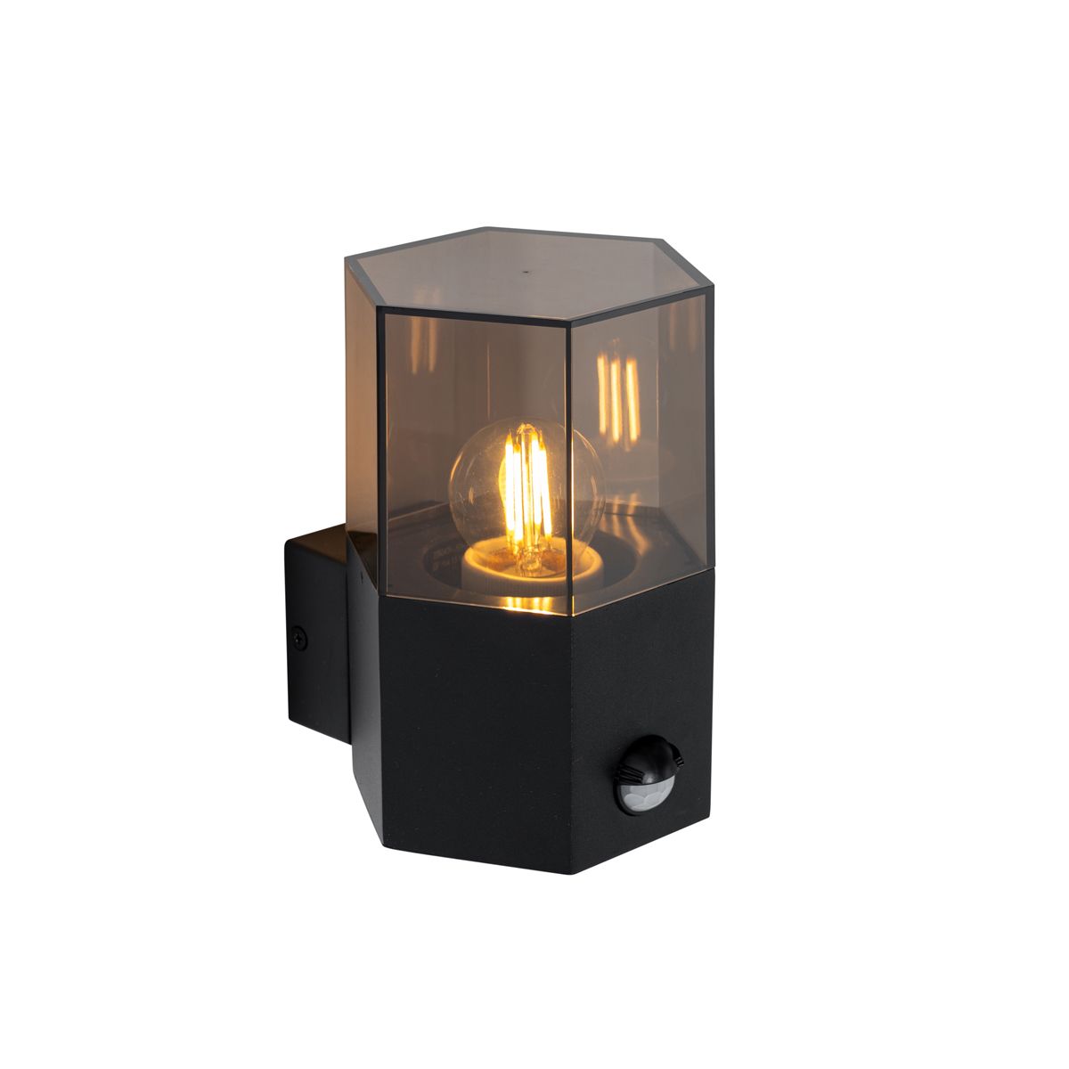 Buiten wandlamp zwart met smoke glas zeshoek en bewegingssensor - Denmark
