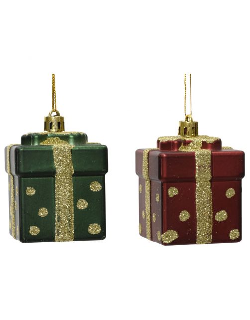 Decoris Kerstornament Cadeau - Kerstversiering - 5x5x6.8 cm Assorti 2 Assortiment