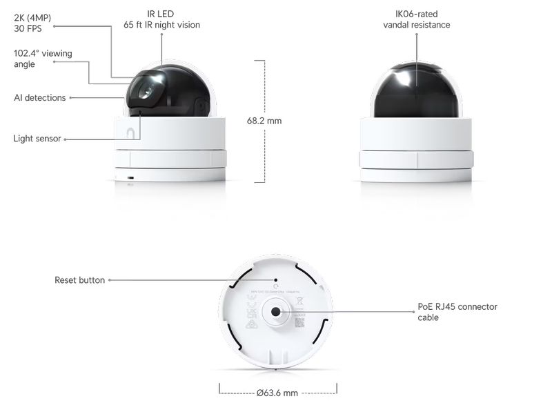 Ubiquiti Netzwerkkamera UVC-G5-Dome-Ultra Weiss Ultrakompakte und manipulationssichere 2K-HD-PoE-Kamera mit Nachtsichtfunktion für die Sicherheit in Innenräumen