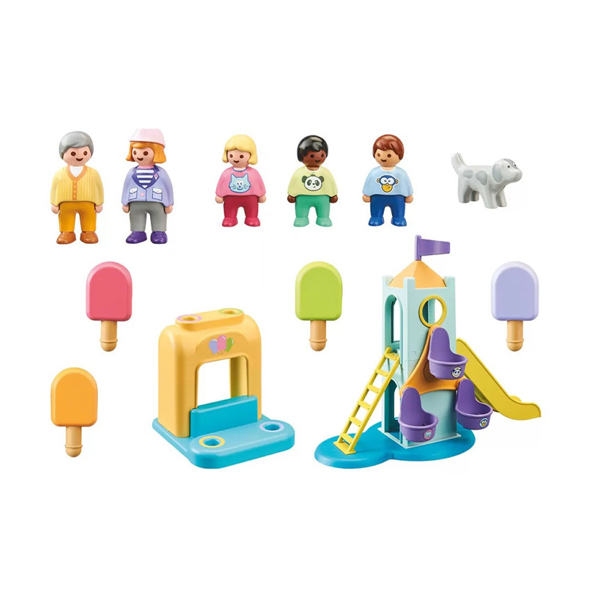 Aire de jeux avec toboggan géant et figurines 1.2.3