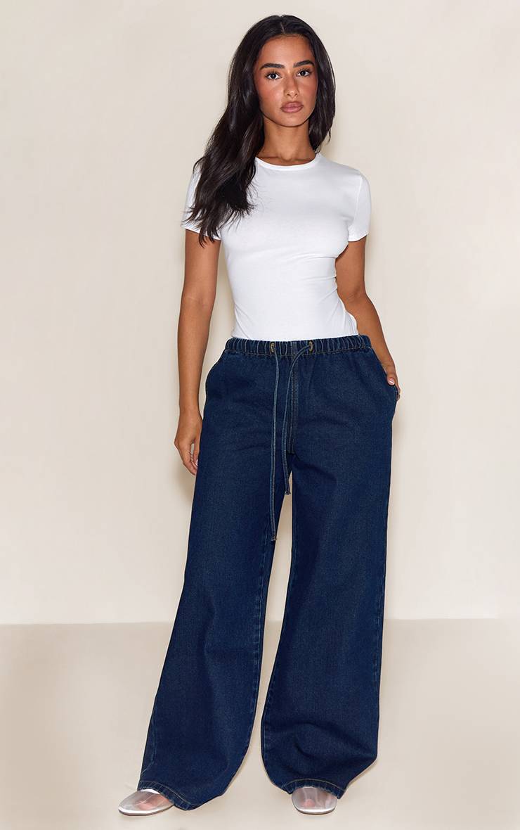 Mid Blue Wash Jean Large Taille Haute Élastiquée Avec Lien En Denim Petite