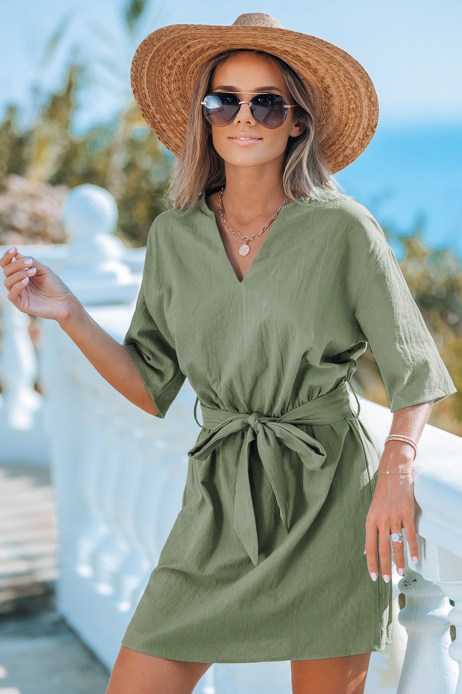 Robe en pur coton décontractée vert armée