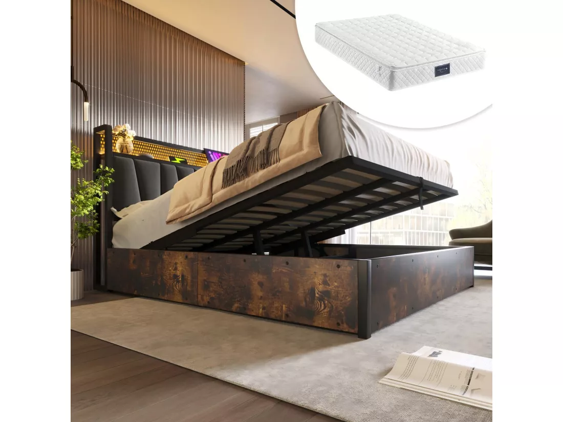 Lit double coffre 160x200cm+ matelas, avec LED et ports de charge USB, App contrôle, Gris