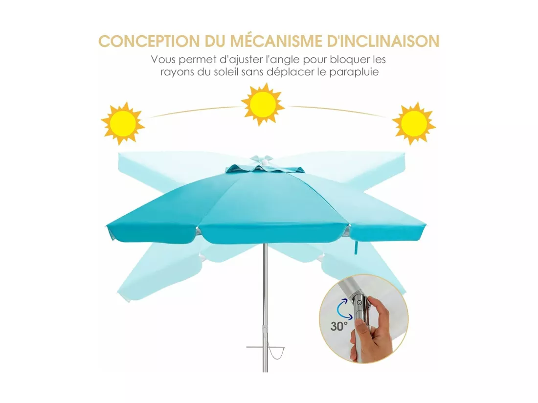 Parasol de Plage Inclinable Ø198 CM Protection UV 50+ avec Bouton Poussoir et Sac de Transport pour Patio/Piscine/Jardin-Bleu