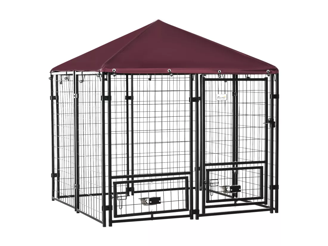 Chenil extérieur chien - cage chien - enclos chien - toile toit imperméable anti-UV, porte verrouillable, 2 bols rotatifs - acier noir oxford pourpre