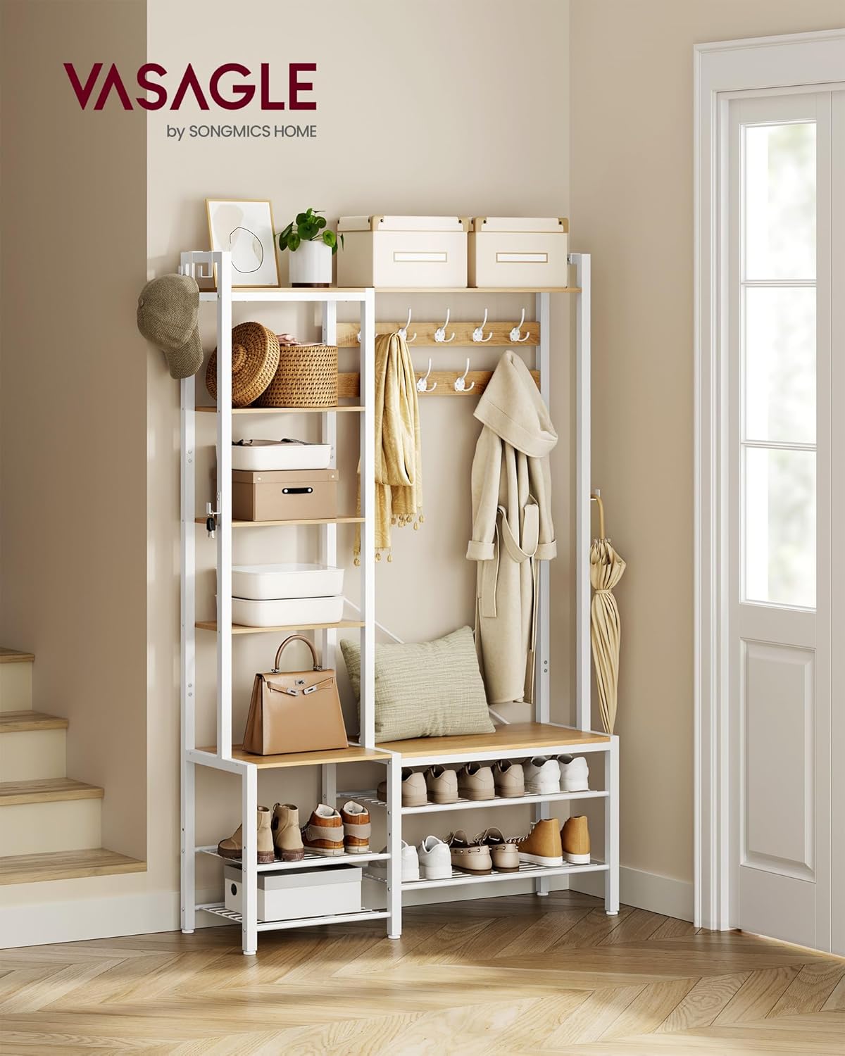 VASAGLE Garderobenständer mit Schuhbank, Garderobe, 5 Regalebenen aus Spanplatten, 9 Dreifach-Haken, 6 seitliche Haken, 40 x 120 x 190 cm, goldeichenfarben-wolkenweiß HSR426Y01