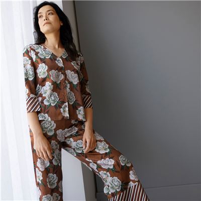 Pyjama femme satin fleurs japonaises - BECQUET CRÉATION