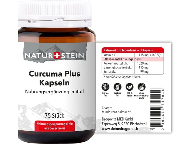 Naturstein Curcuma plus 75 Kapseln Hochdosiertes Nahrungsergänzungsmittel mit Vitamin C und Kurkuma