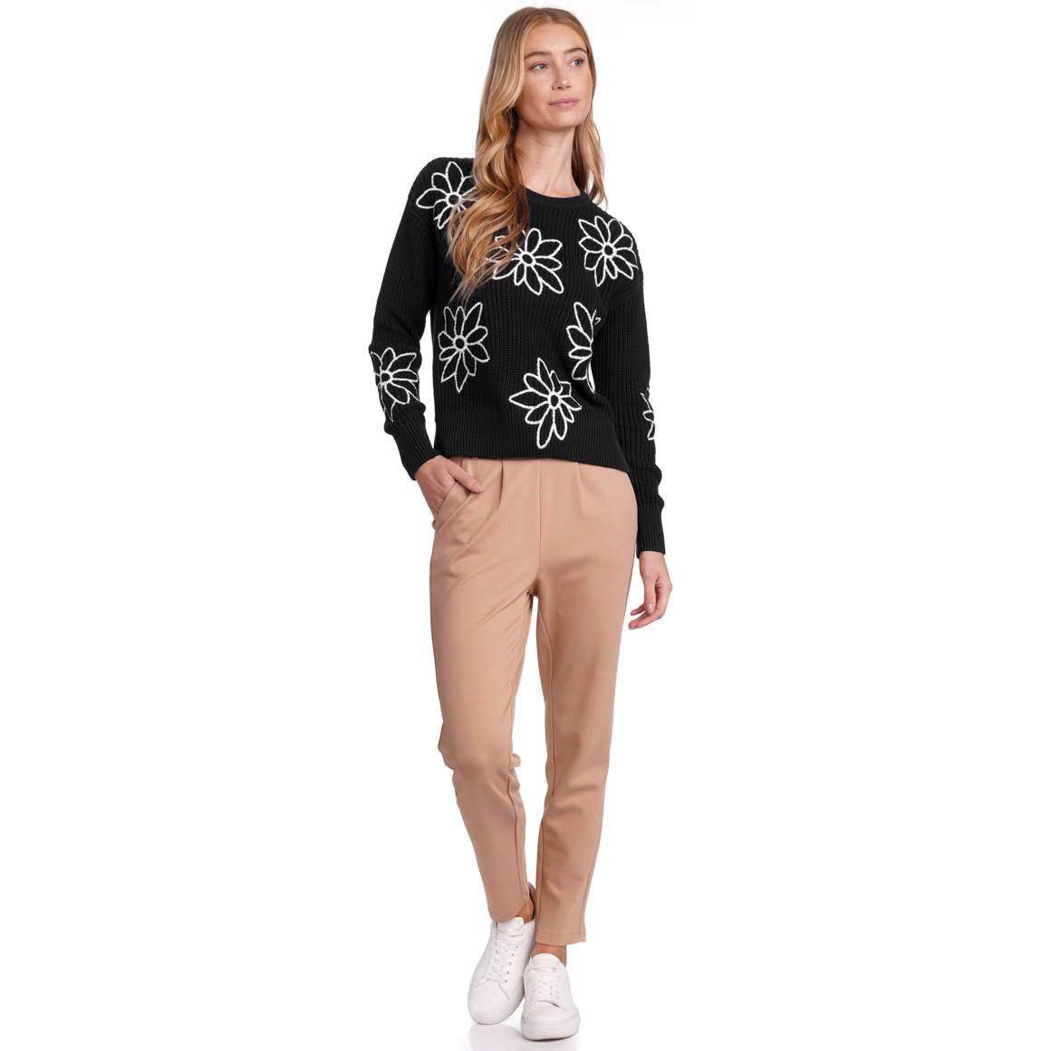 Jonas Nielsen Damen Strickpullover mit Blumen-Stickerei nachtblau