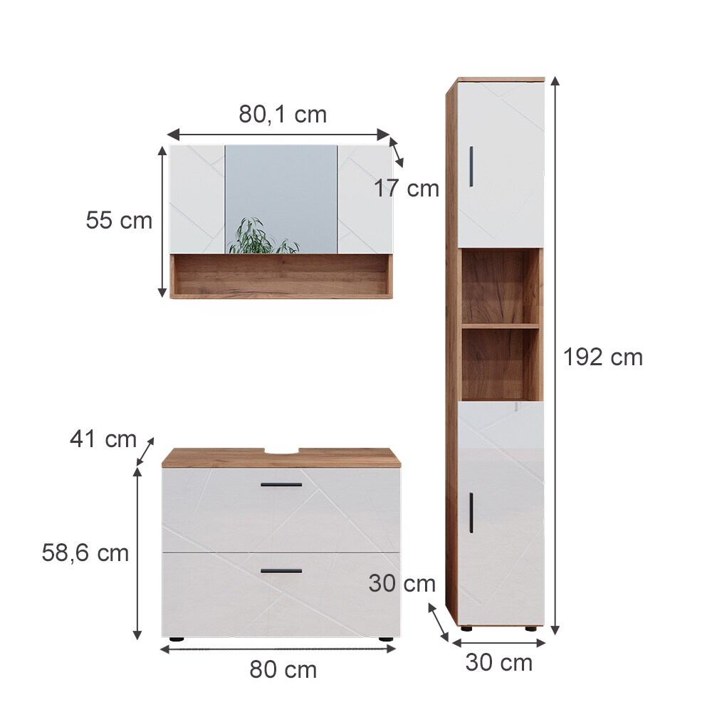 Vicco Badmöbelset Irma Eiche Weiß Hochglanz modern 80 cm 30 cm Badezimmerschrank Badschrank Badezimmermöbel Waschtischunterschrank Spiegelschrank Hochschrank Schranktür Schrankfach Schrankschublade