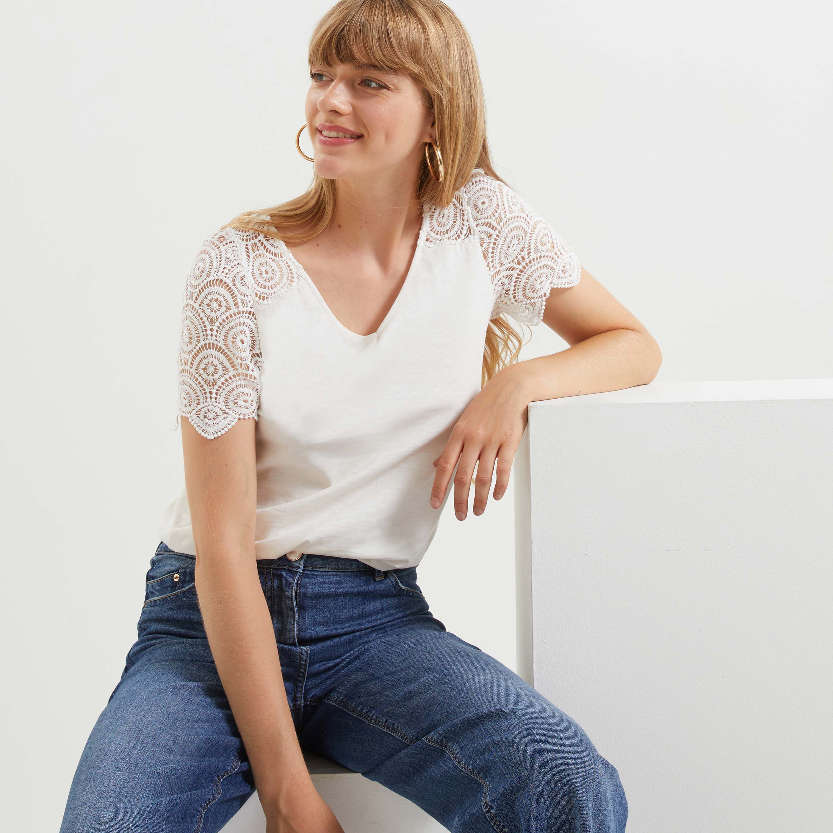 Tshirt guipure femme - BLANC CASSE