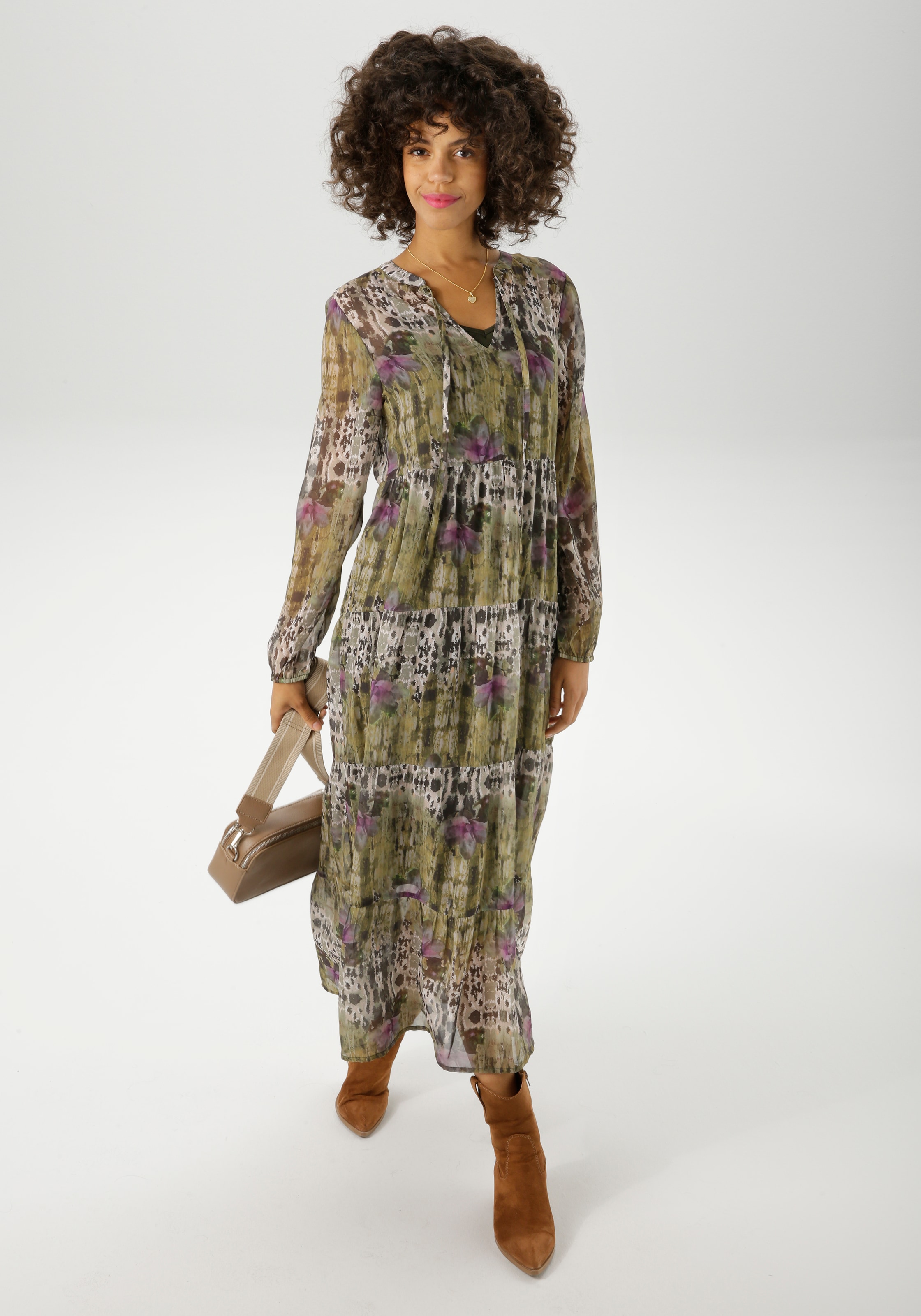 Aniston CASUAL Maxikleid mit Unterkleid,  mit Batik-Blüten im grafischen Druck - NEUE KOLLEKTION