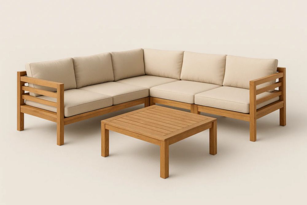 Ecksofa Set Eiche Holz Beige Polsterung L-förmig 200x200x70cm