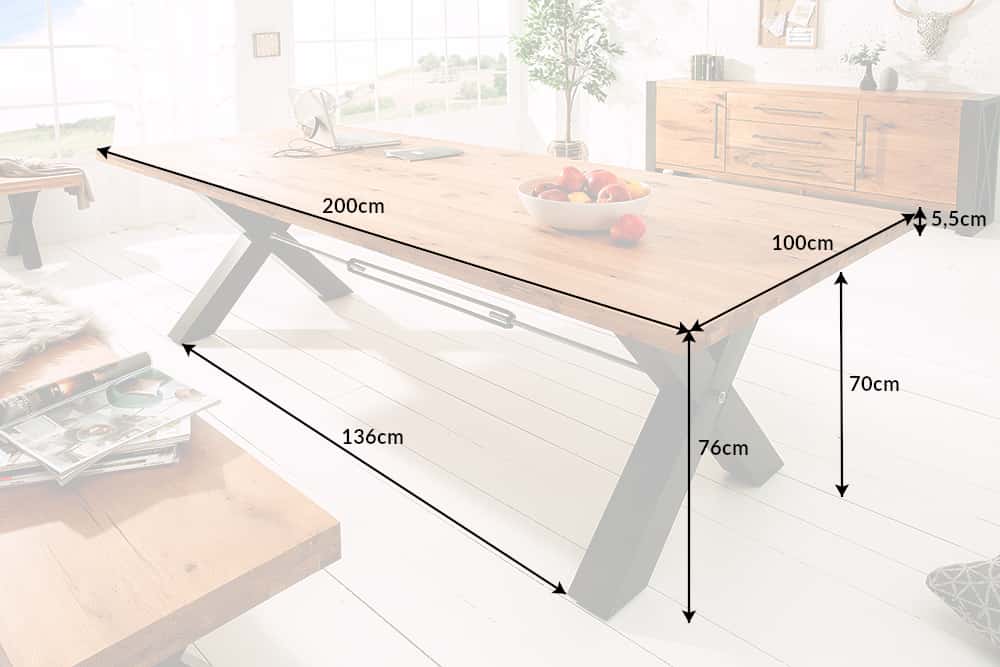 Massivholz Esstisch THOR 200cm natur Wildeiche geölt graues X-Gestell Metall Industrial Design