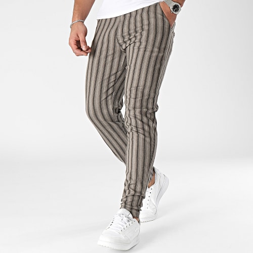 Pantalon Chino A Rayures Marron Beige Noir