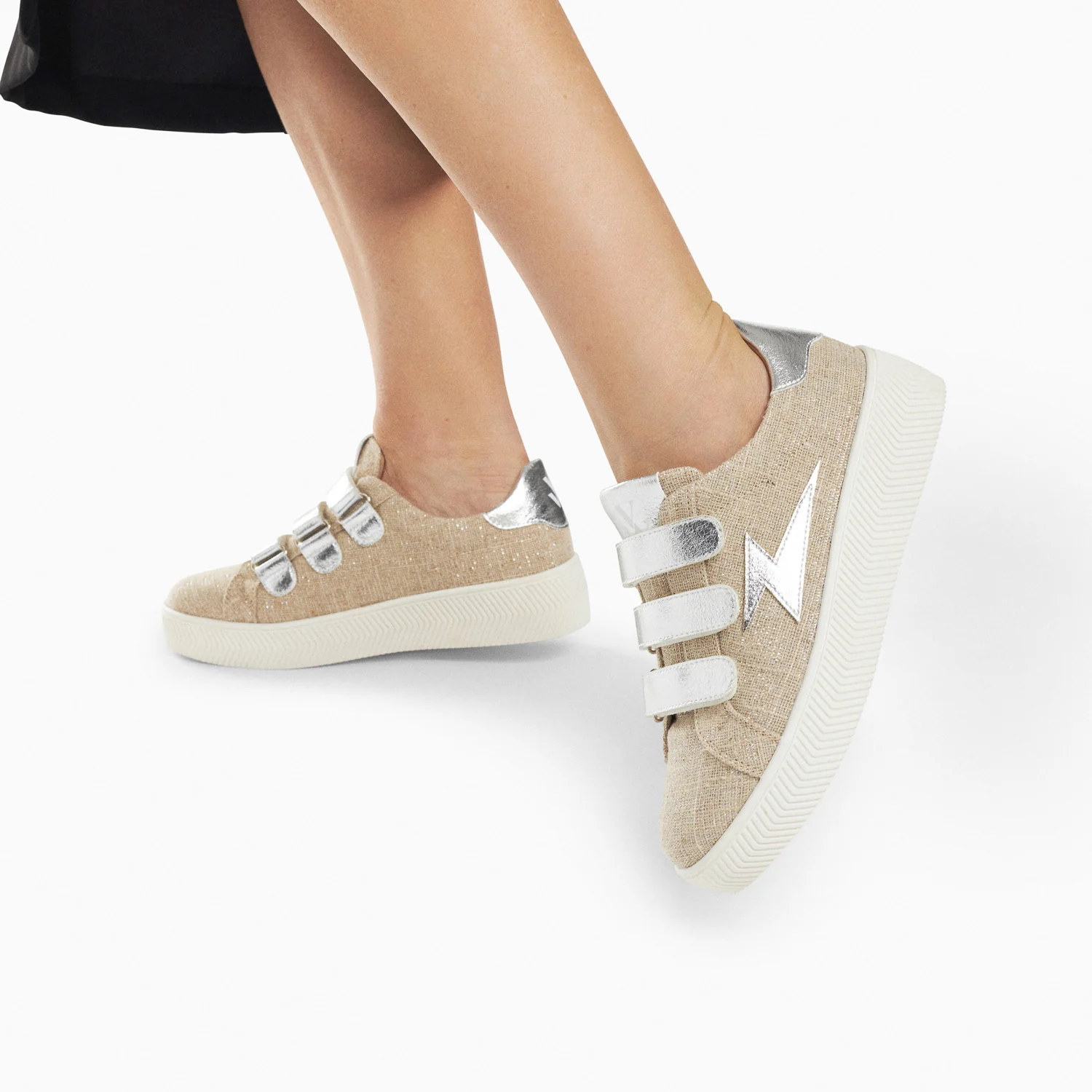 Sneakers-Baskets éclair Wissem beige et argent à scratchs