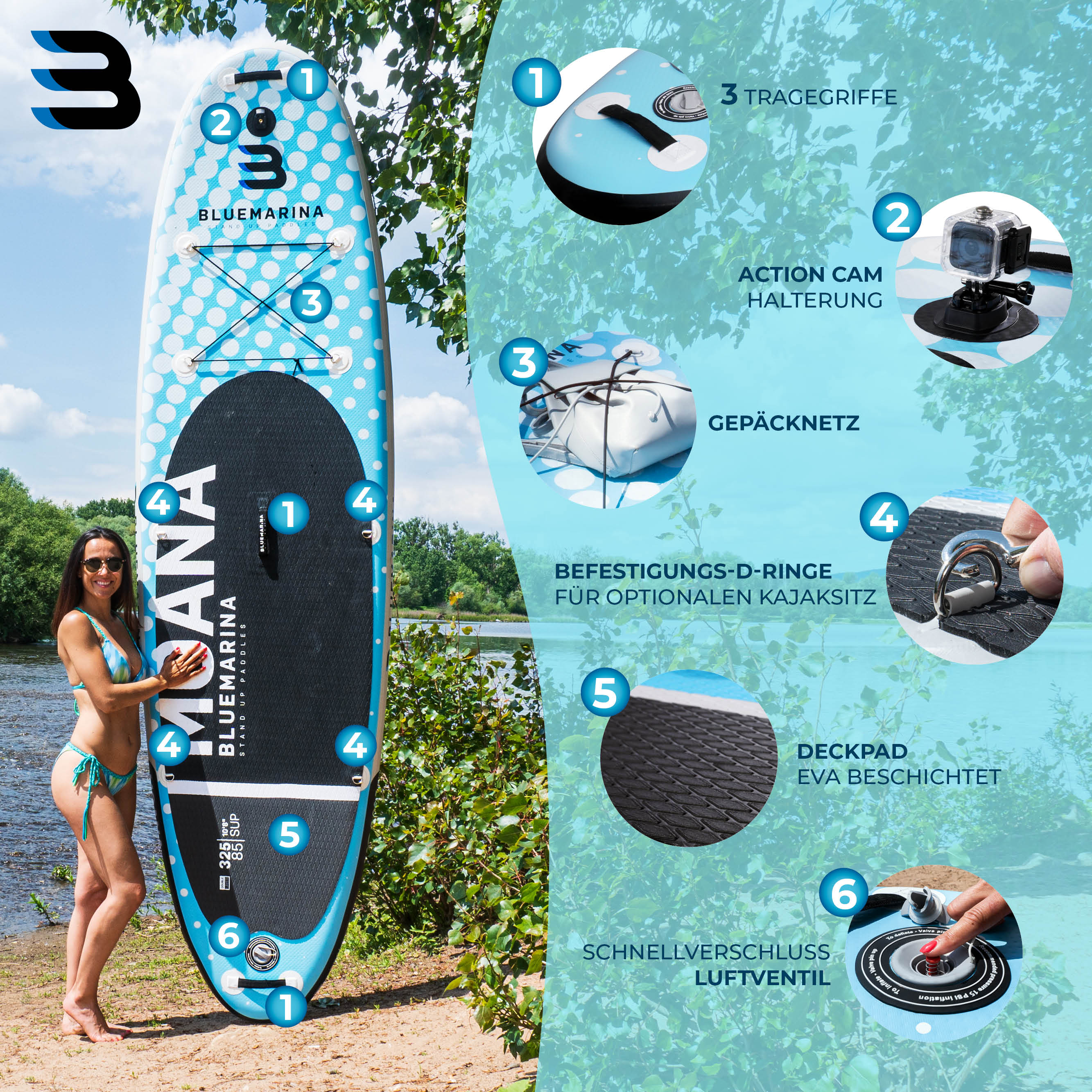 Bluemarina SUP Board Moana, aufblasbar mit Double Layer, Paddel, Pumpe, Rucksack, 5J Garantie (305x76x15cm / 10')