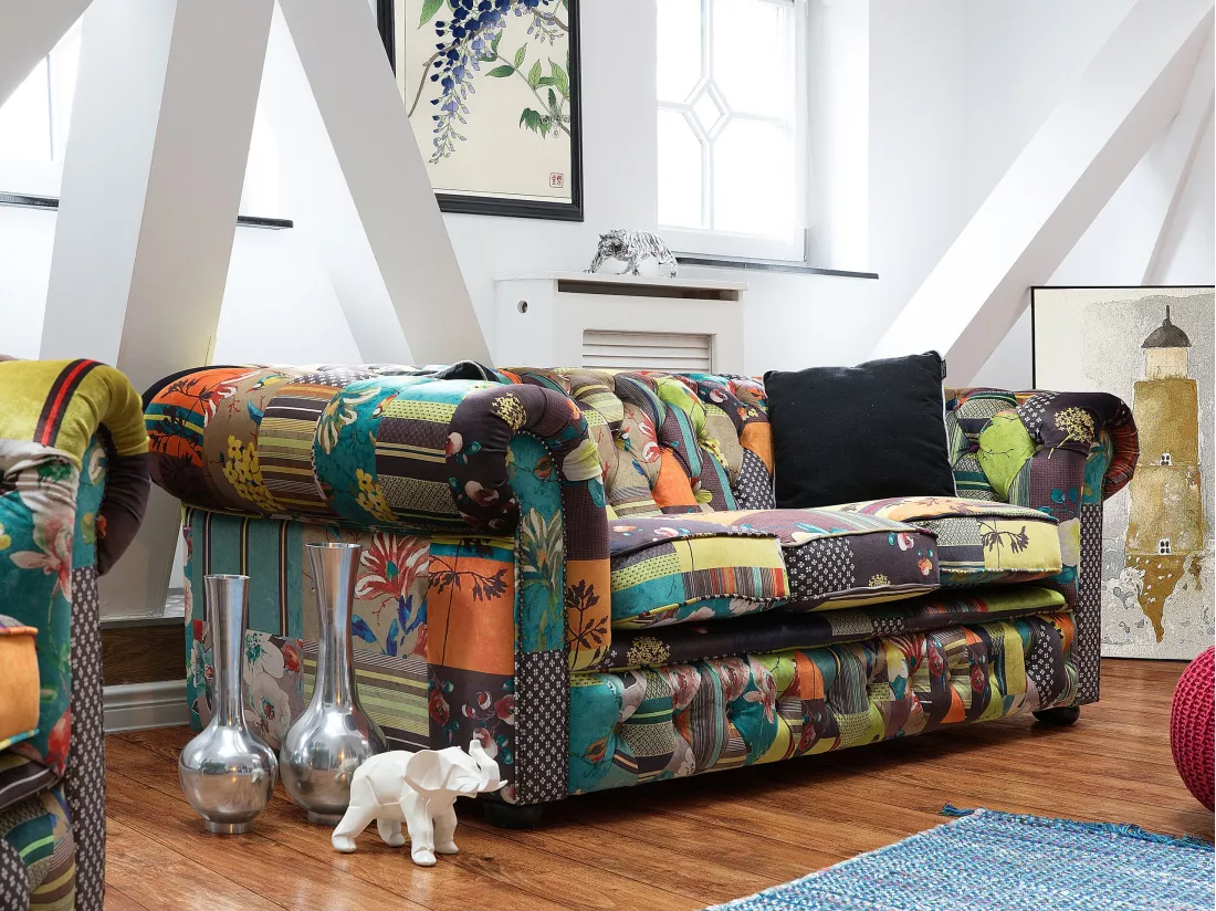 Canapé 3 places patchwork en tissu jaune et vert CHESTERFIELD