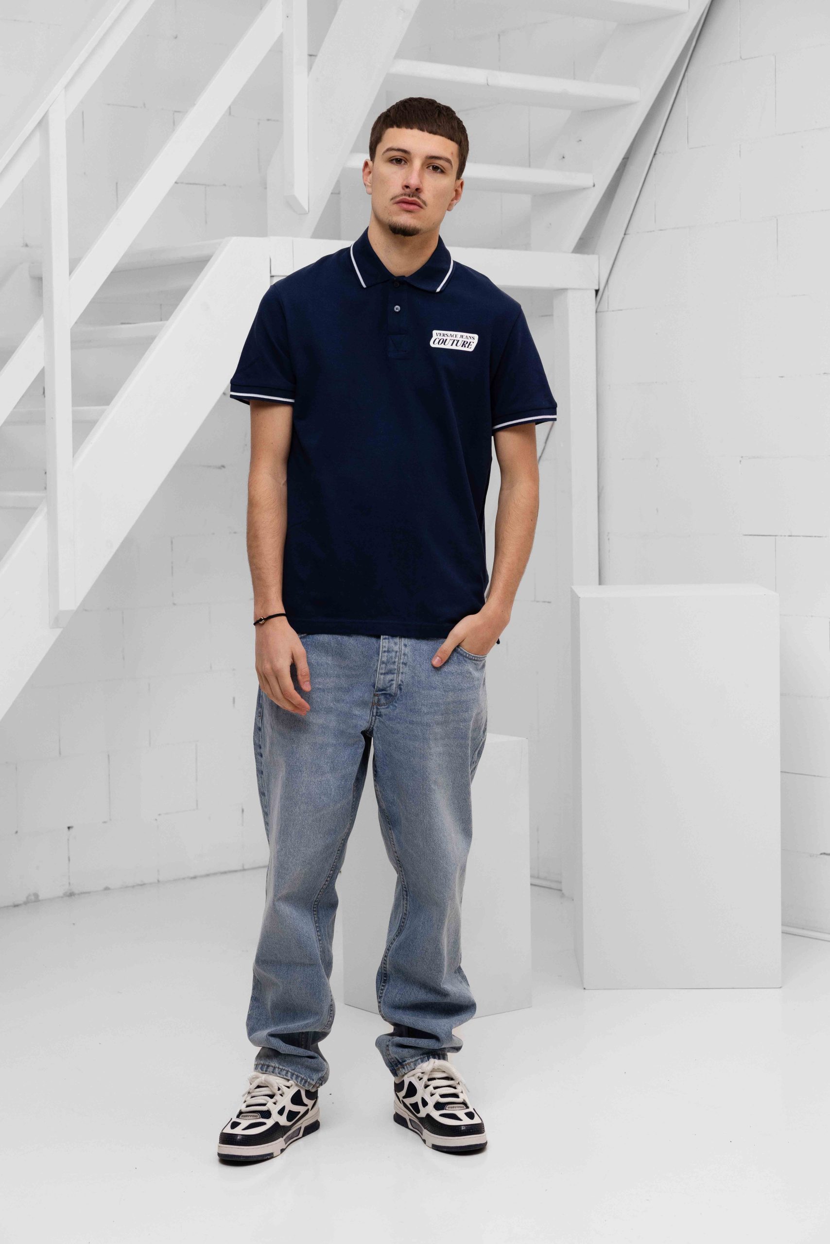 Versace Jeans Couture Square Logo Print Polo Heren Donkerblauw