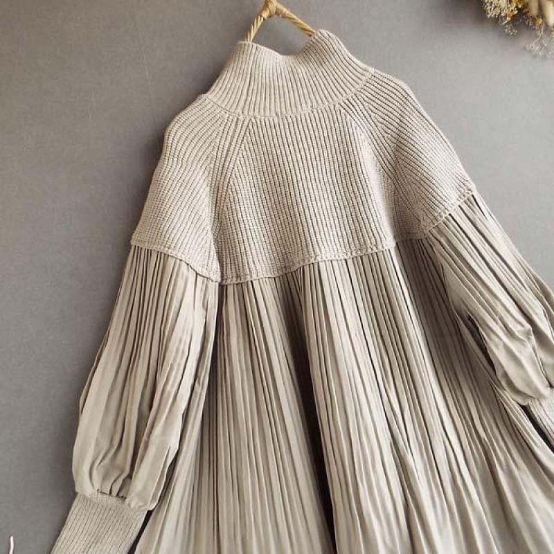 YARU - Blouse met lange mouwen en coltrui, effen gebreid paneel en plooien