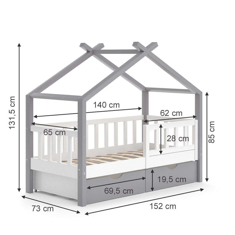 VitaliSpa Kinderbett Hausbett Einzelbett Design Weiß Grau modern 70x140 cm Kinderzimmer Bett Massivholz Lattenrost Schublade Rausfallschutz Schubladenbett Matratze
