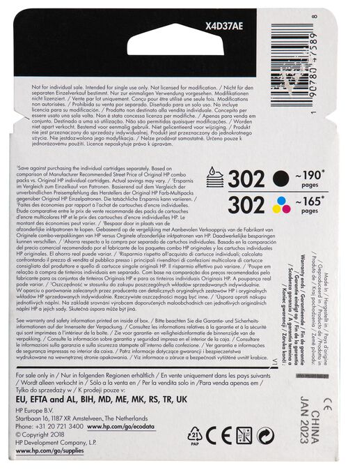 2 cartouches HP 302 noir/couleur