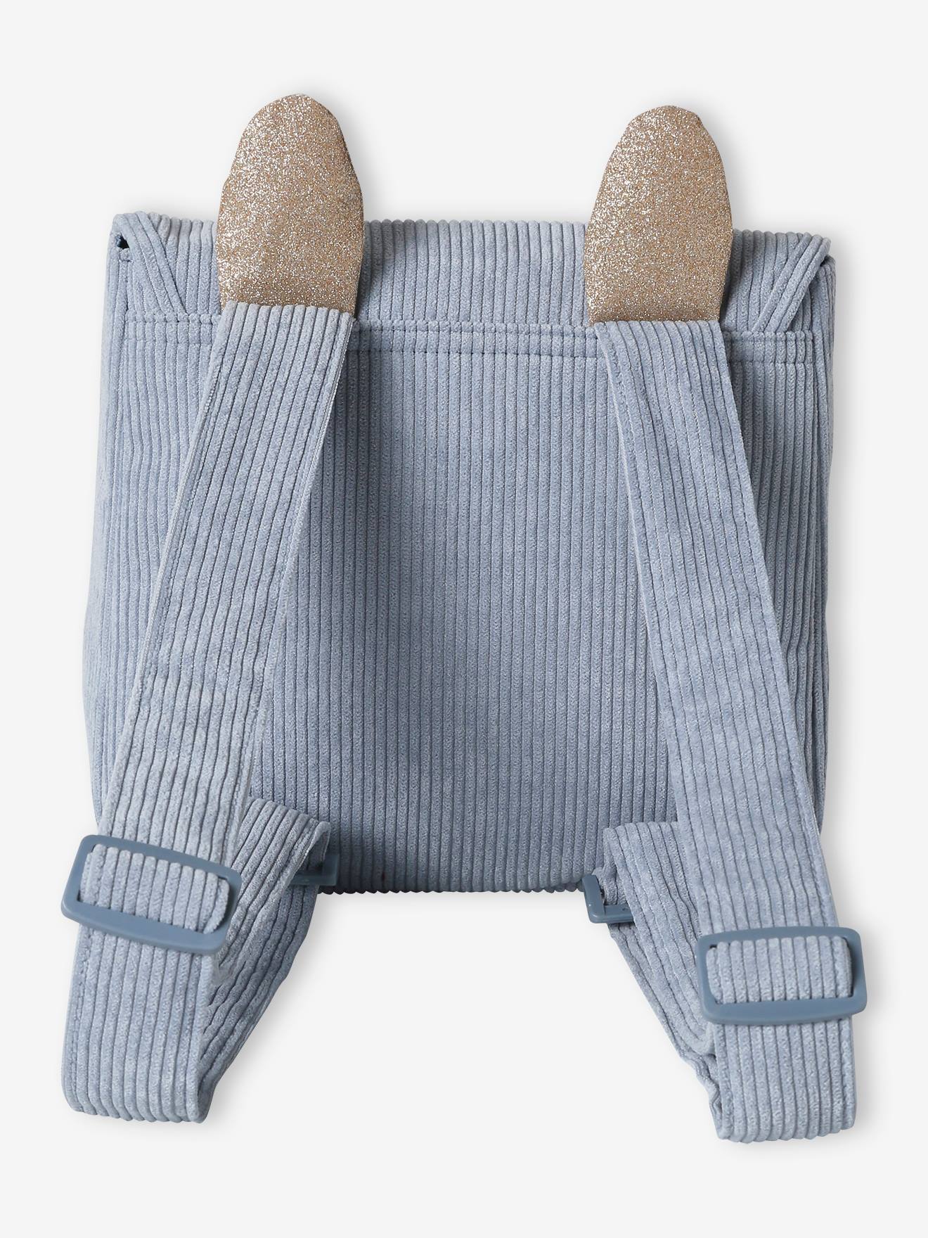 Mochila infantil de veludo cotelê azul-acinzentado para pré-escola 