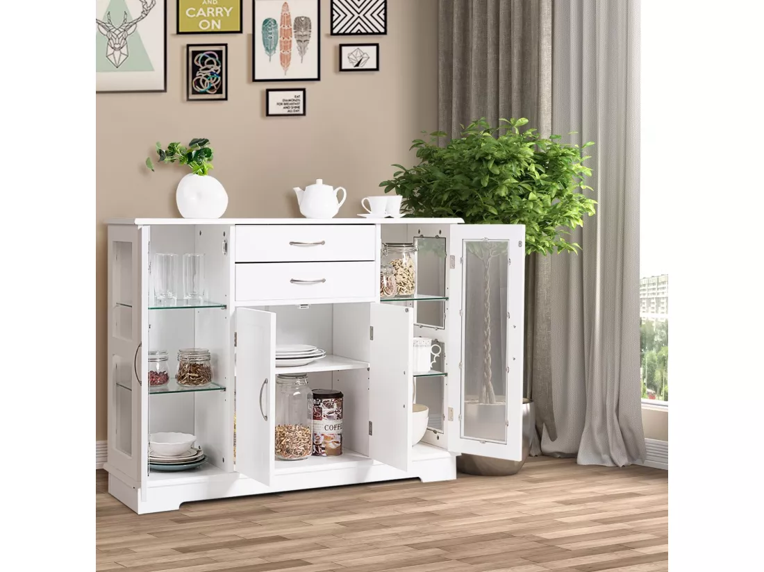 Buffet de Cuisine, Meuble de Rangement avec 2 Tiroirs, 2 Portes Simples en Verre Trempé et 1 Porte à La Française, Armoire pour Cuisine et Salon 107 x 30 x 82 CM (Blanc)