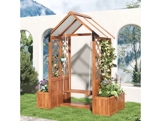 Bac à fleurs balançoire extérieur avec treillis et toit pare-soleil polycarbonate bois massif brun jardin terrasse
