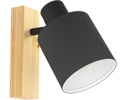 Wandspot, 1-lichts, H 17 cm, houtkleurig met zwarte stoffen kap, witte binnenkant
