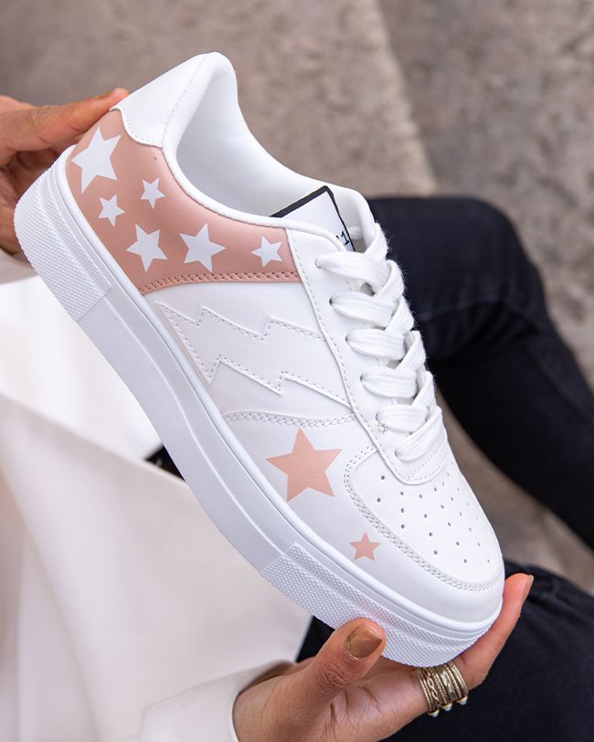 Sneakers Urbaines Blanches et Rose Pâle avec Motif Étoilé