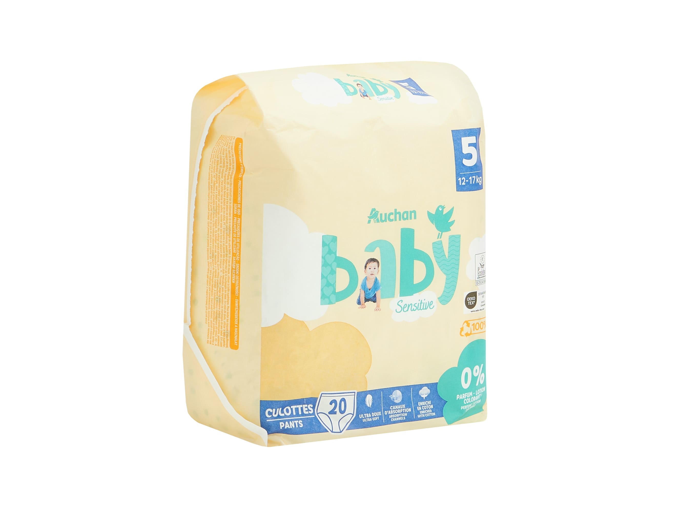 FRALDAS CUECA AUCHAN BABY SENSITIVE ECOLÓGICAS TAMANHO 5 12-17KG 20UN