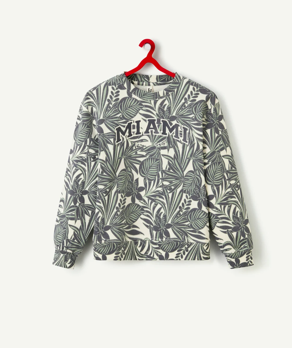 sweat garçon en coton bio imprimé feuillage vert et gris