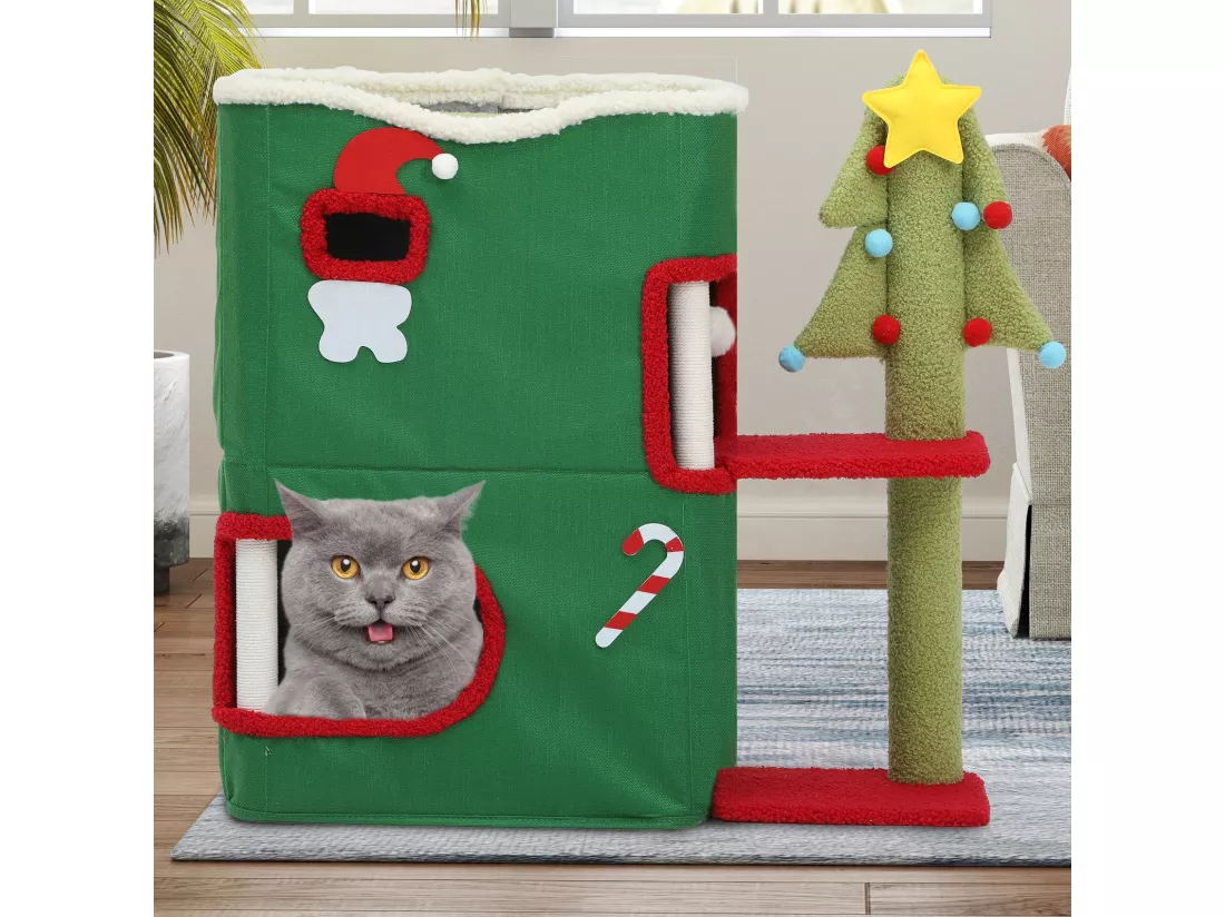 YITAHOME Maison pour Chat à 2 étages - Niche intérieur de chat - Meuble de Noël Moderne pour Chat - 68 x 35 x 64 cm - Vert