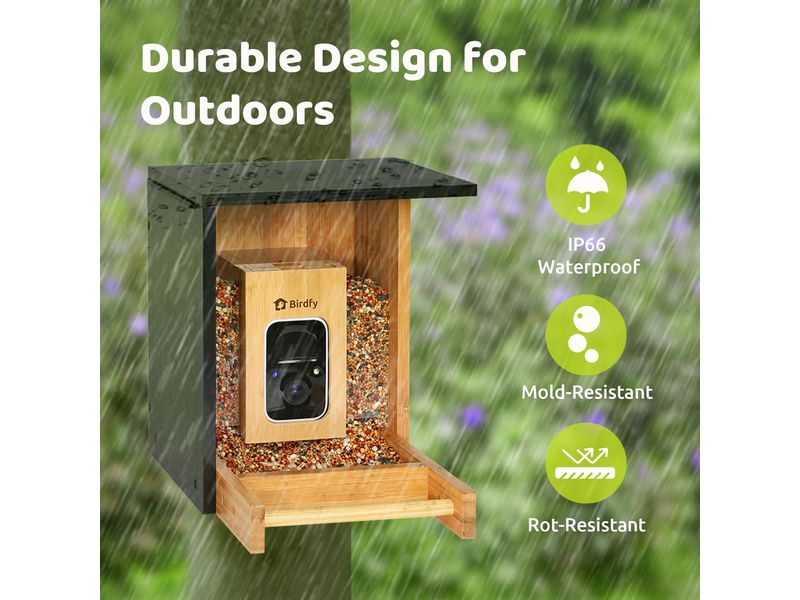 Birdfy Futterspender FSC Bambus Mini Solar Vogelfutterspender mit Kamera und Lifetime AI
