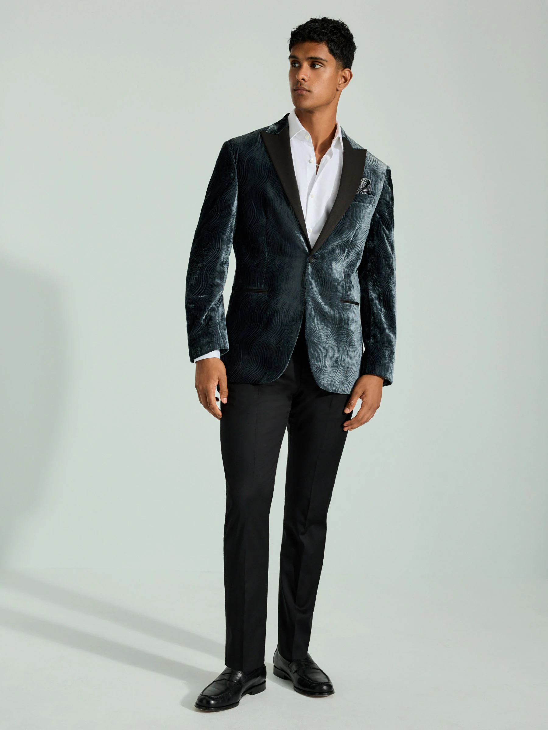 Staalblauw - Fluwelen blazer met patroon