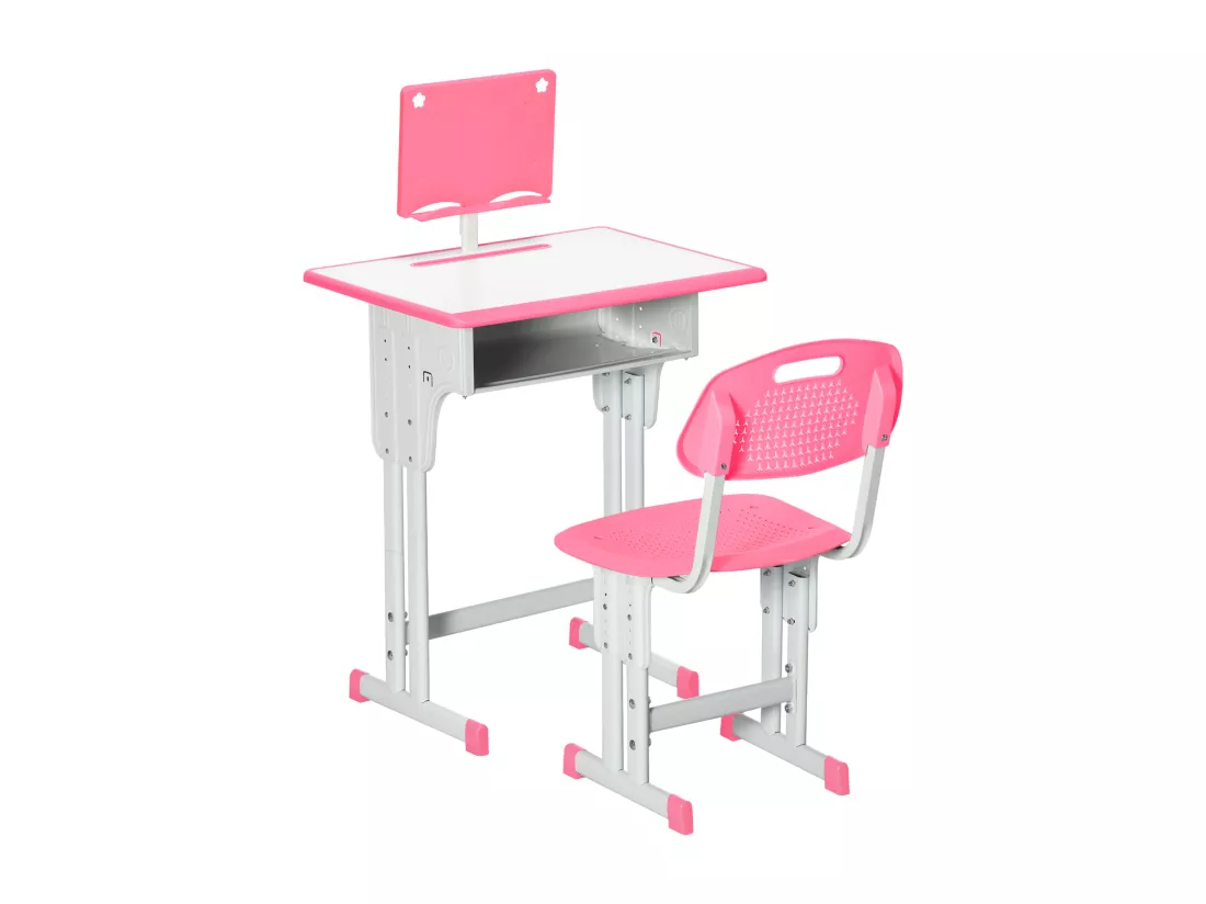 Bureau enfant avec chaise - ensemble bureau et chaise réglable - support de lecture, case - rose blanc