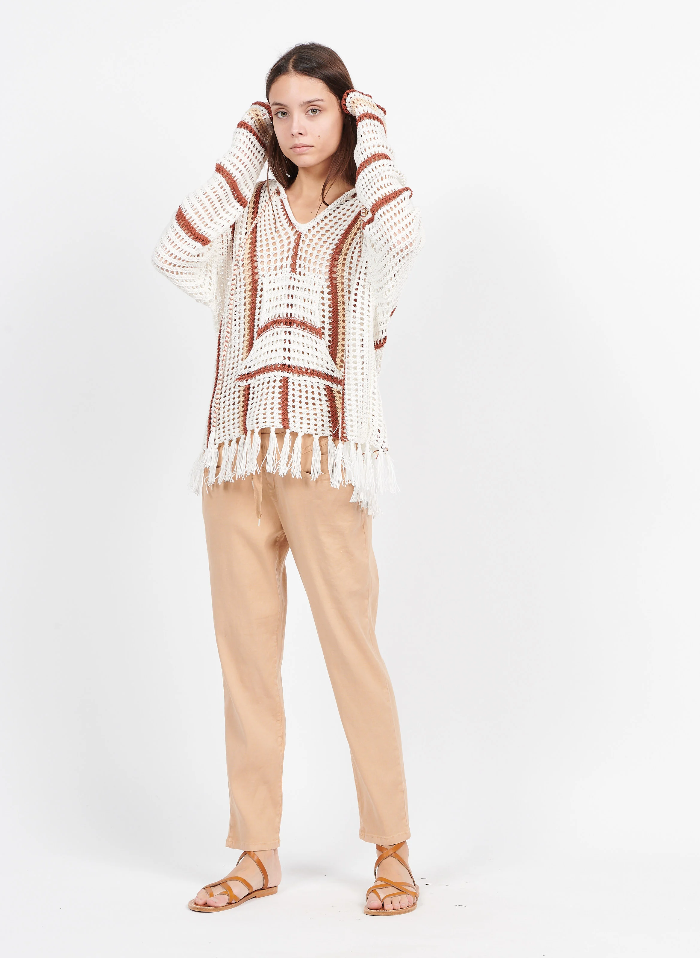 STELLA - Pull en crochet à rayures en coton| Beige