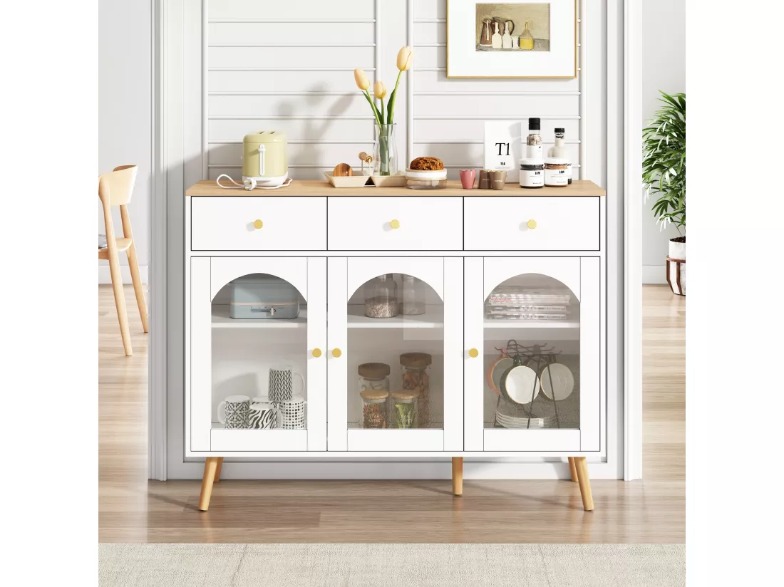 Buffet de cuisine avec 3 tiroirs et 3 portes en verre - 120 x 34 x 94 cm - Panneau de particules et Pièds en bois - Blanc + naturel