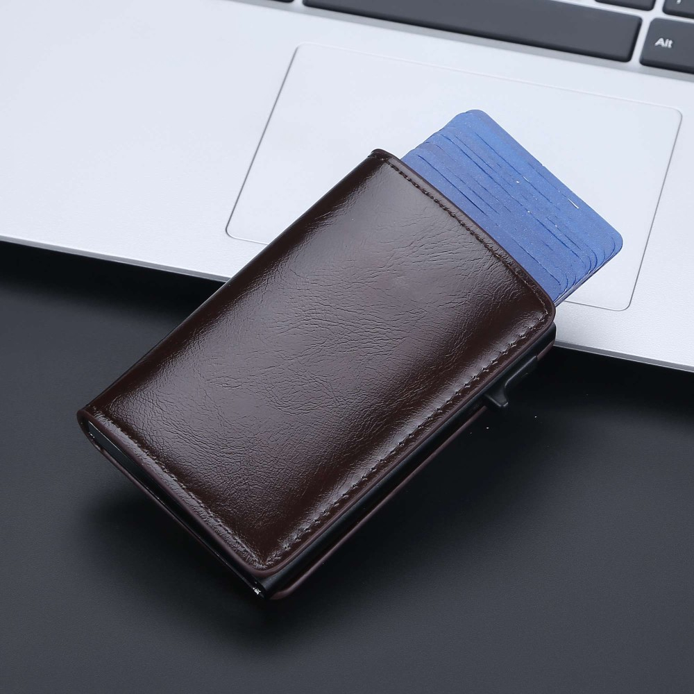 Mini Kreditkarten Leder Etui Geldbörse mit Kartenauswurf-Mechanismus für 10 Karten (RFID Schutz) - Dunkelbraun
